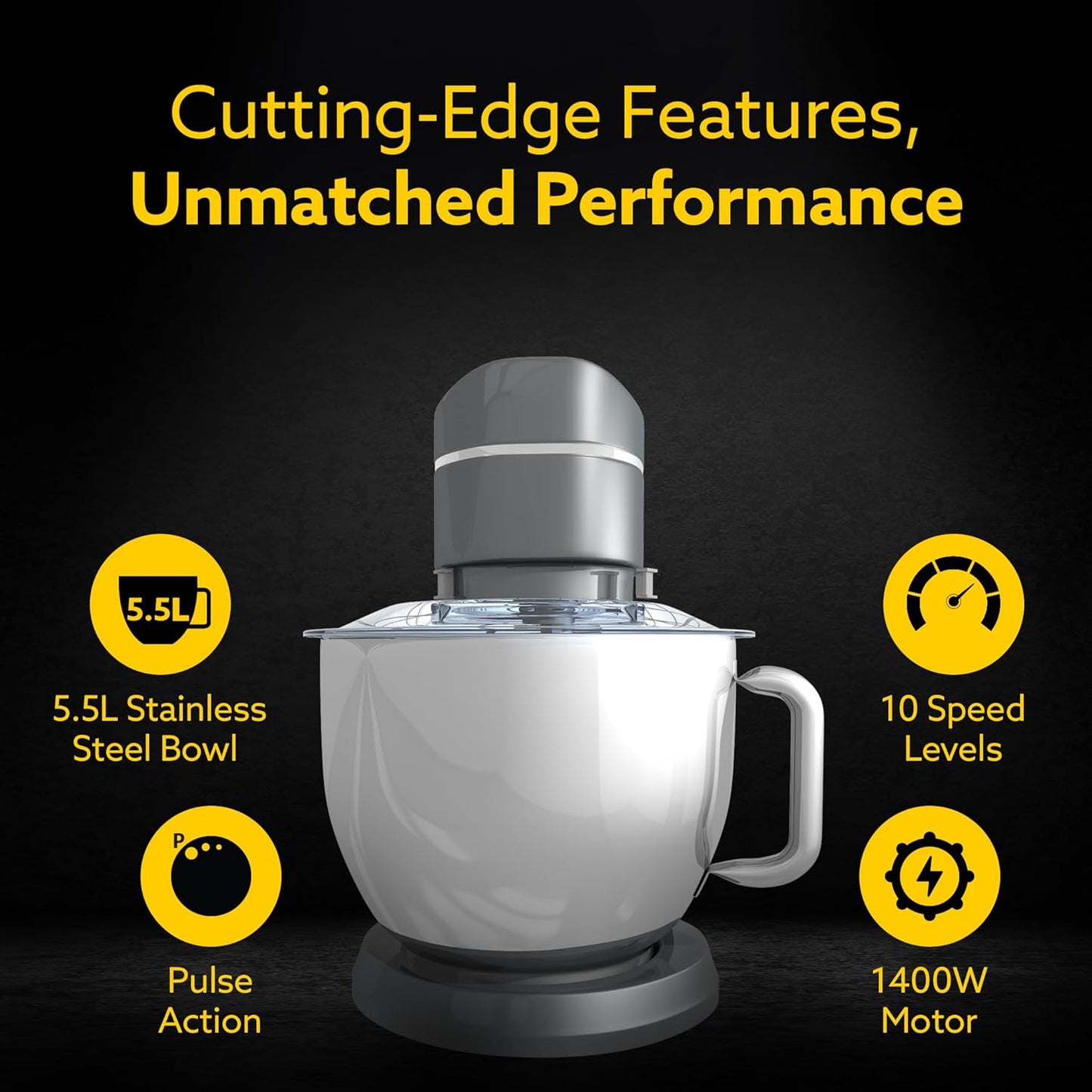 Agaro Elegant Stand Mixer | 5.5L | 1000W | 10 Speeds | Dark Grey |