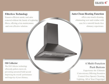 Sujata Onyx 60cm Chimney | 1250 m³/hr Powerful Suction | 200W Motor | Auto Clean Filterless Chimney for Home Kitchen |