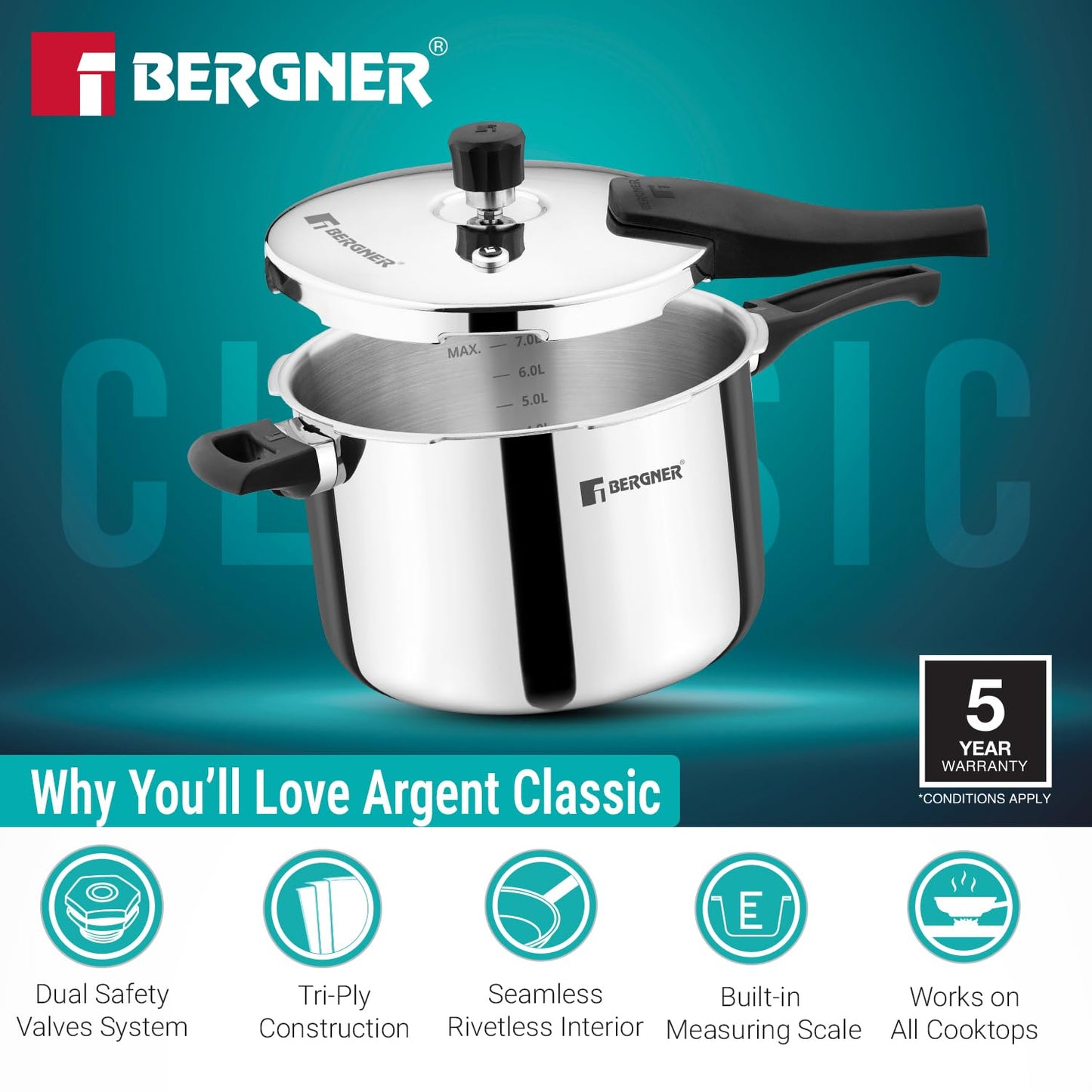 Bergner Argent Triply Pressure Cooker | 8 Litre | Outer Lid | Sturdy Handle |