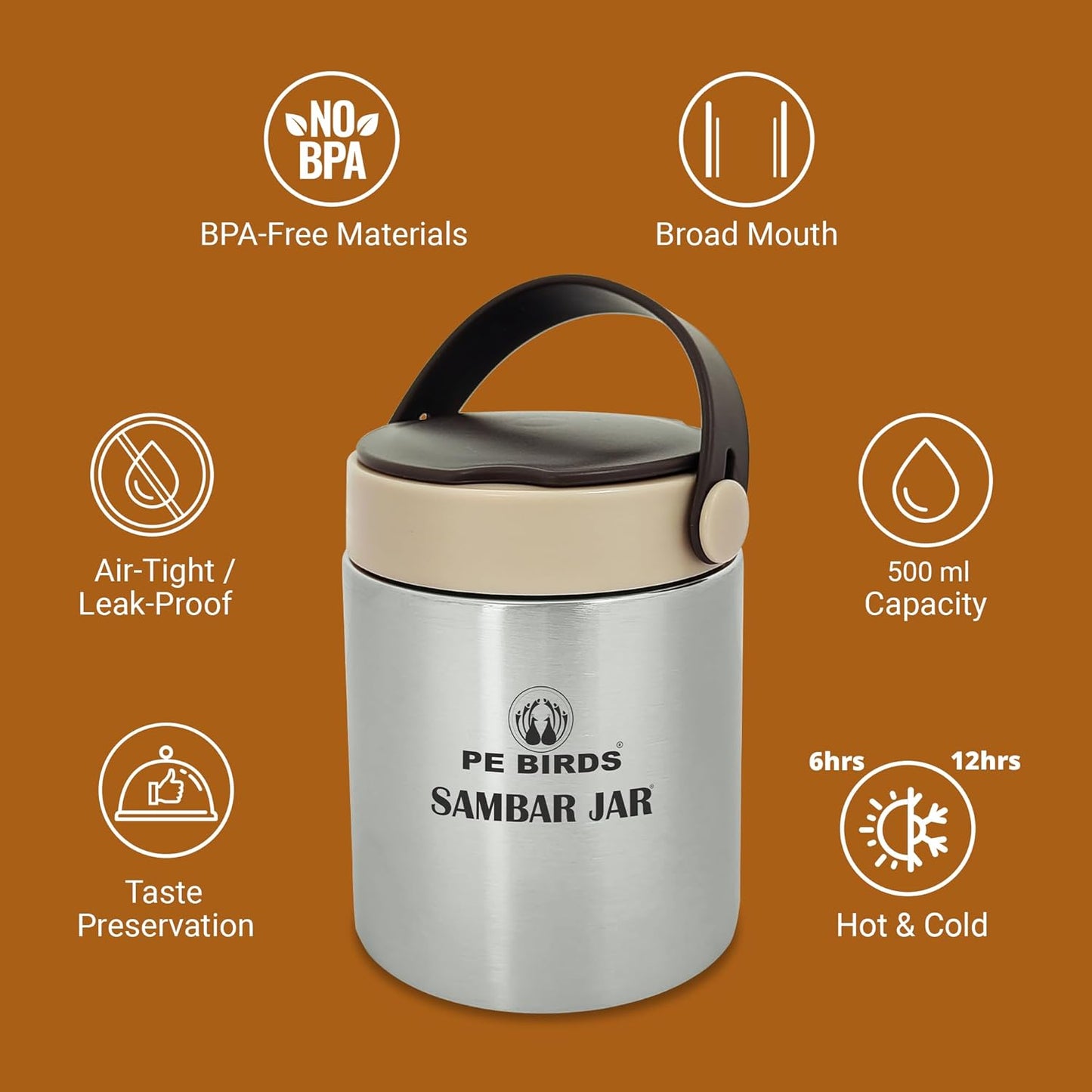 PE Birds Stainless Steel Espresso Sambar Jar | 500ml | Silver | Reusable |