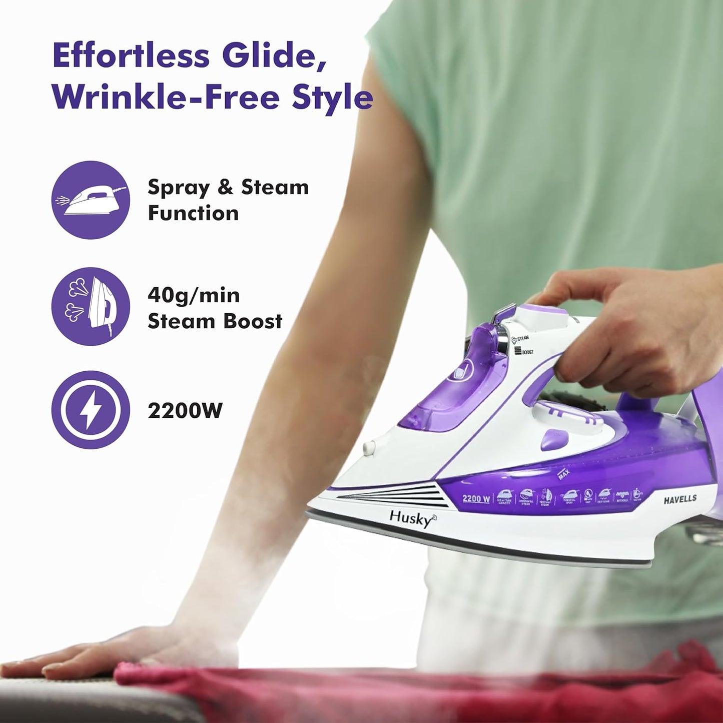 HAVELLS Husky | 2200 W | Steam Iron | Purple | Auto Shut Off |
