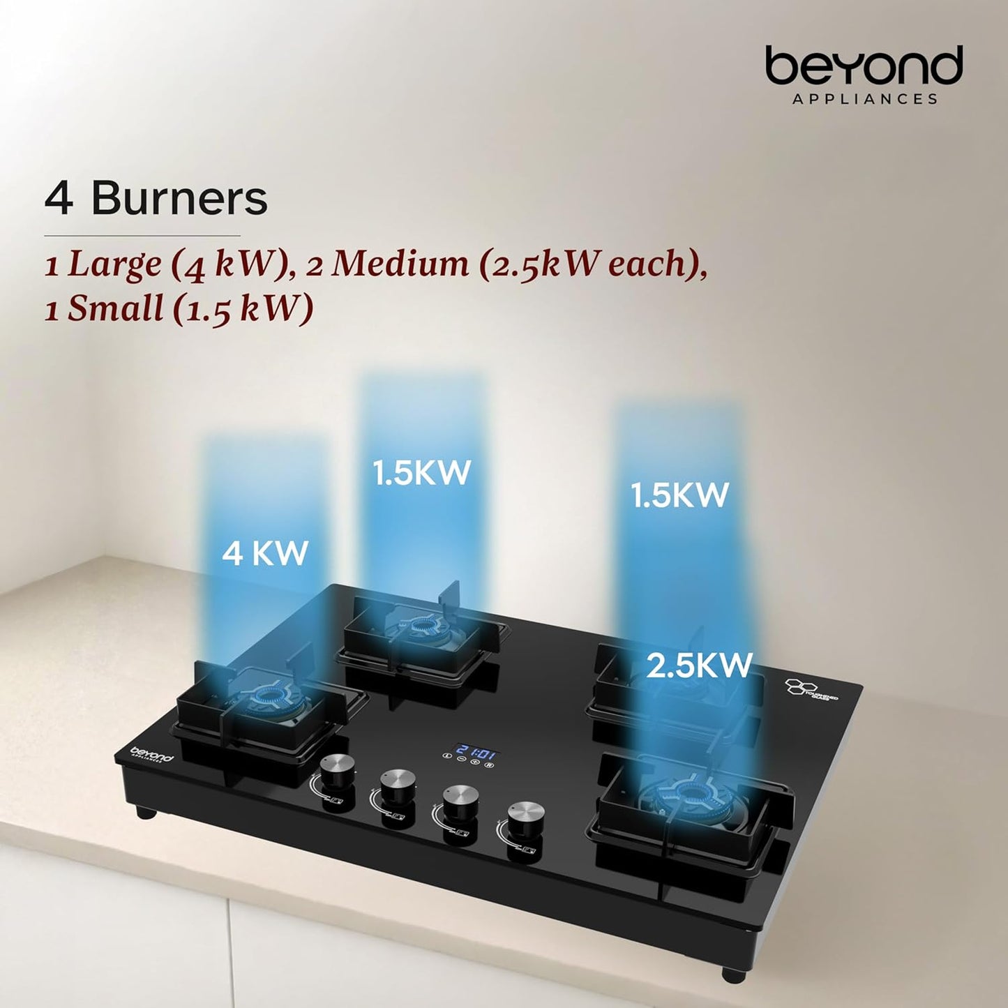 Beyond Appliances Solaria 4 Burner Smart Gas Stove | Auto Ignition| Digital Timer & Flame Failure Device | Full Brass Burners | Toughened Glass | ISI Certified |
