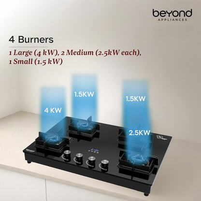 Beyond Appliances Solaria 4 Burner Smart Gas Stove | Auto Ignition| Digital Timer & Flame Failure Device | Full Brass Burners | Toughened Glass | ISI Certified |