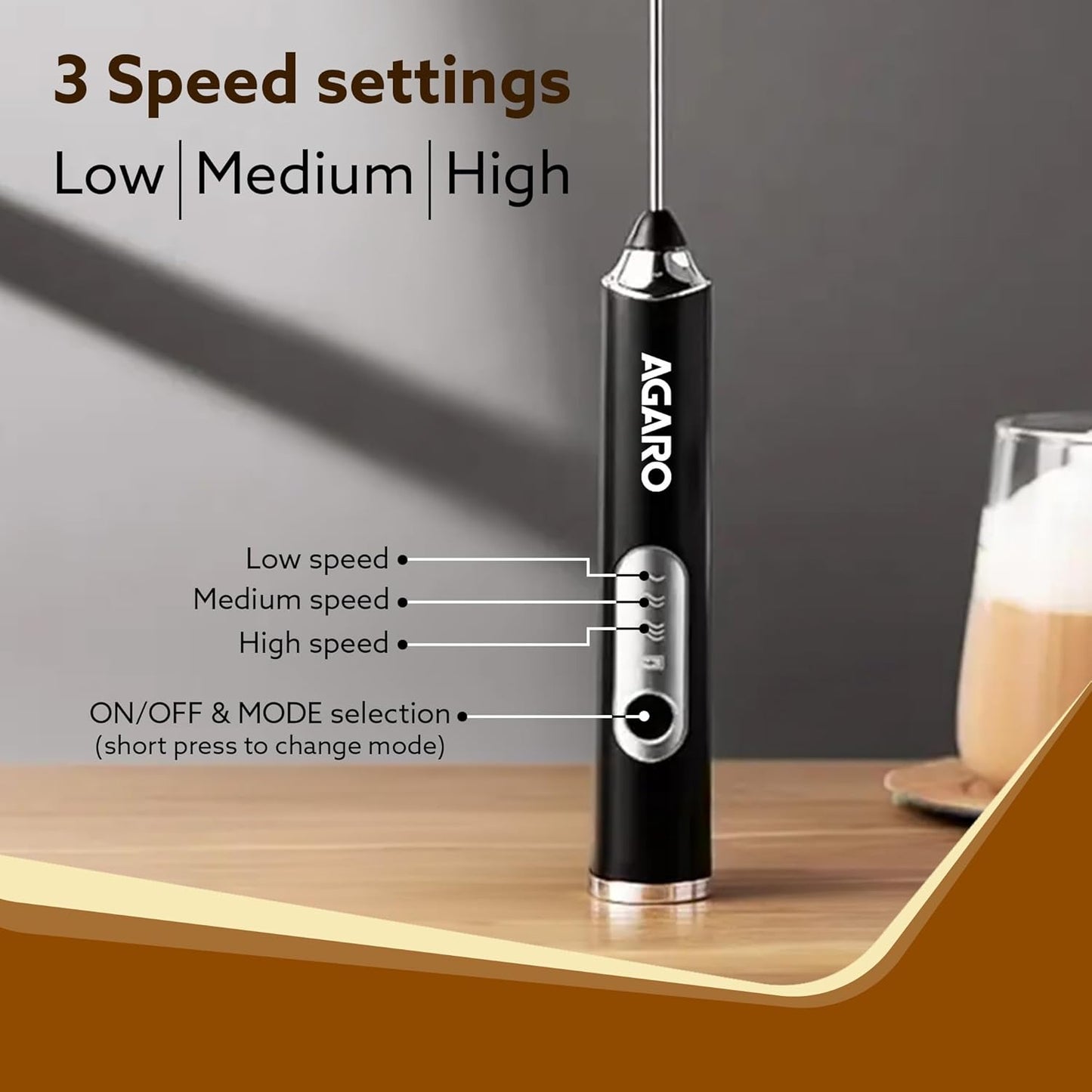 Agaro Royal Stainless Steel Milk Frother | 3 Speed | Rechargeable |