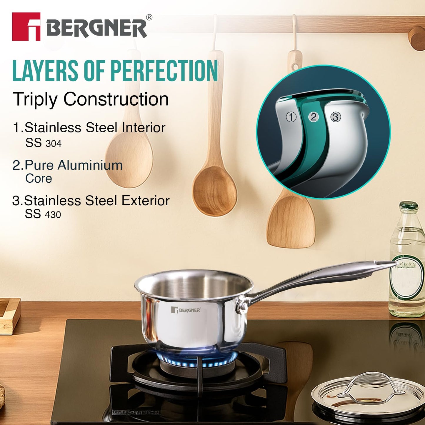 Bergner Argent Junior Chef Triply Stainless Steel Sauce Pan | 800 ml | 12 cm | Easy to Clean |