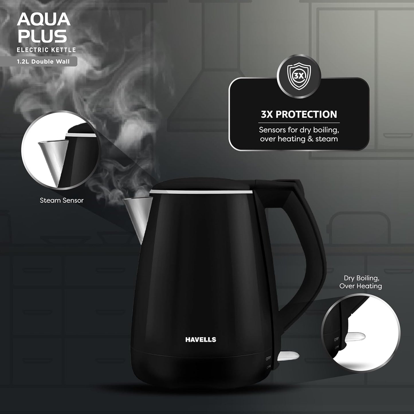 Havells Aqua Plus 1.2 litre Double Wall Kettle | 1250W | Black | Wider Mouth |