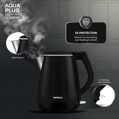 Havells Aqua Plus 1.2 litre Double Wall Kettle | 1250W | Black | Wider Mouth |