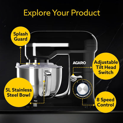 Agaro Royal Stand Mixer | 5 L | 1000W | 8 Speeds | Black |