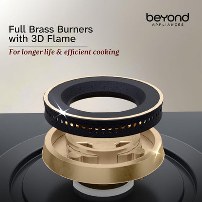 Beyond Appliances Zyra 4 Burner Smart Glass Hobtop Gas Stove | Full Brass Burner I Auto Ignition | Digital Timer | Flame Failure Device |