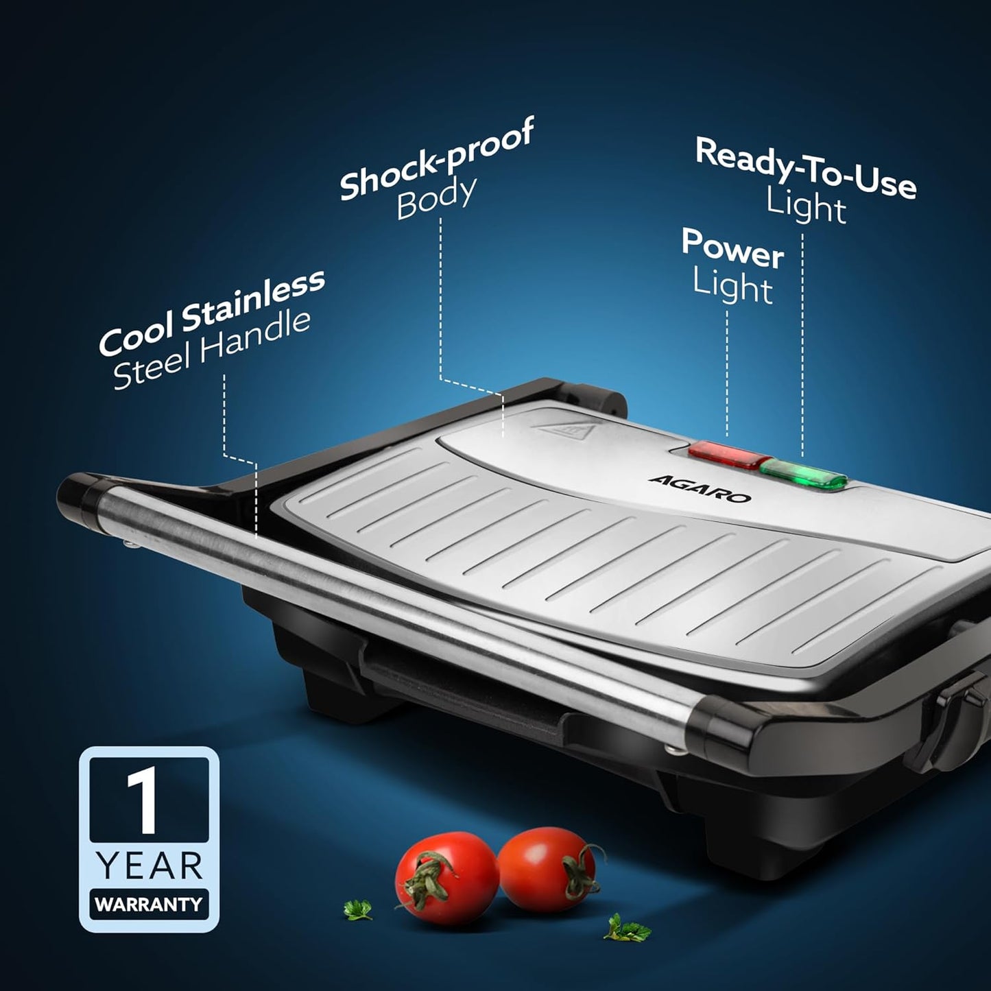 Agaro Royal Grill Sandwich Maker | 1000W | Panini/Grill/Toast | Black |