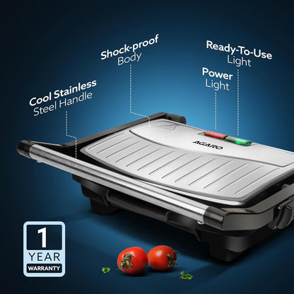 Agaro Royal Grill Sandwich Maker | 1000W | Panini/Grill/Toast | Black |