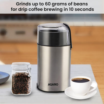 AGARO Grand Electric Coffee Grinder | Grinds up to 60 Grams Dry Coffee Beans | Portable | Silver |