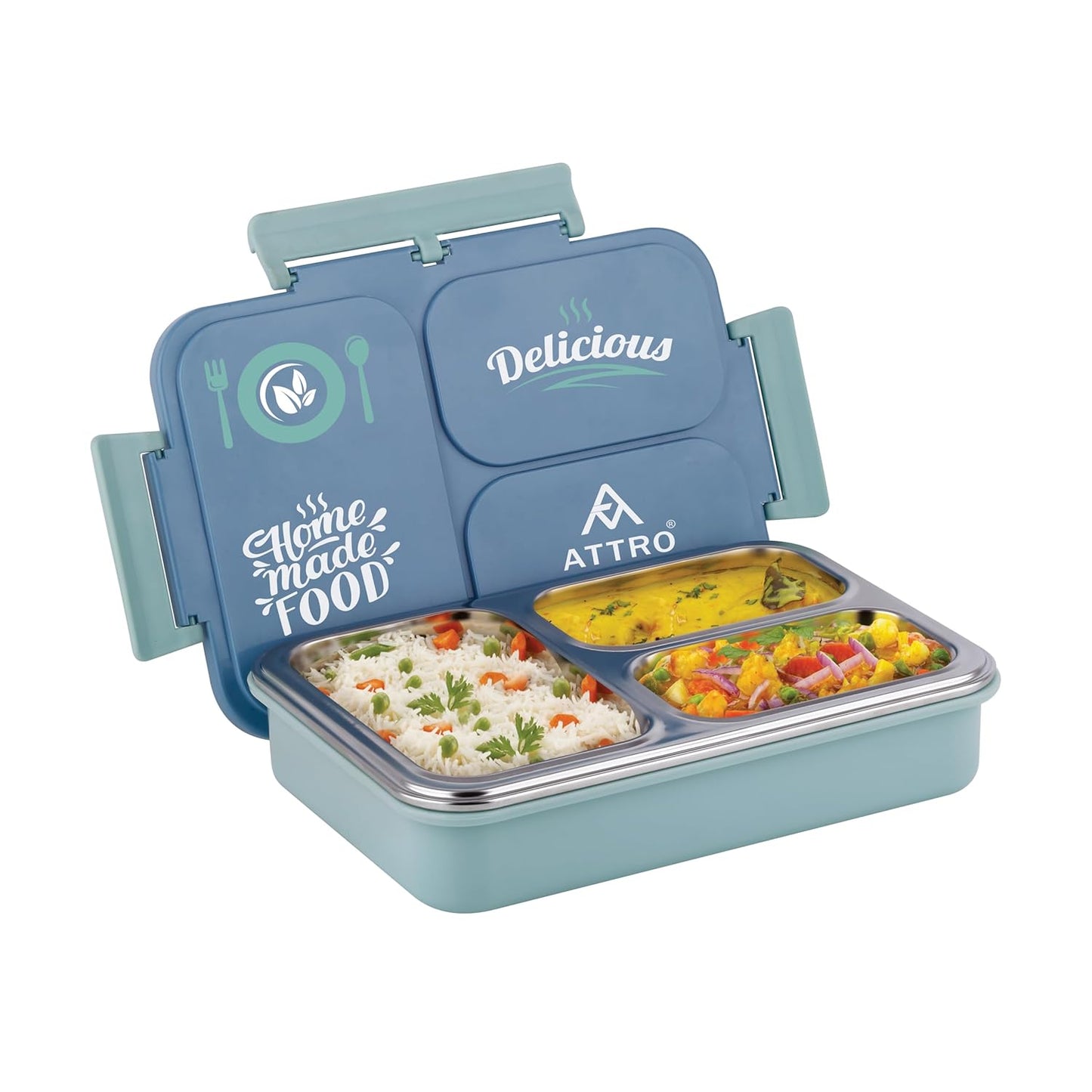 Attro Legacy Stainless Steel 3 Compartment Lunch Box | Blue | BPS Free | 700 ml |