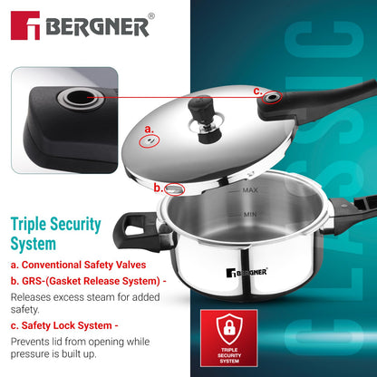 Bergner Argent Elements Triply Stainless Steel | 3.5 L | Outer Lid Pressure Pan |