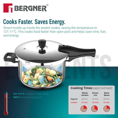 Bergner Argent Elements Triply Stainless Steel | 3.5 L | Outer Lid Pressure Cooker
