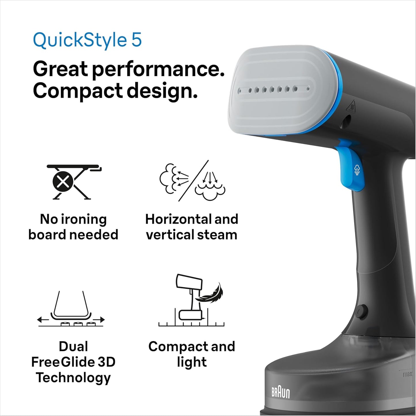 QuickStyle 5 Garment Steamer | Handheld Garment Steamer | Lightweight | Black & Blue