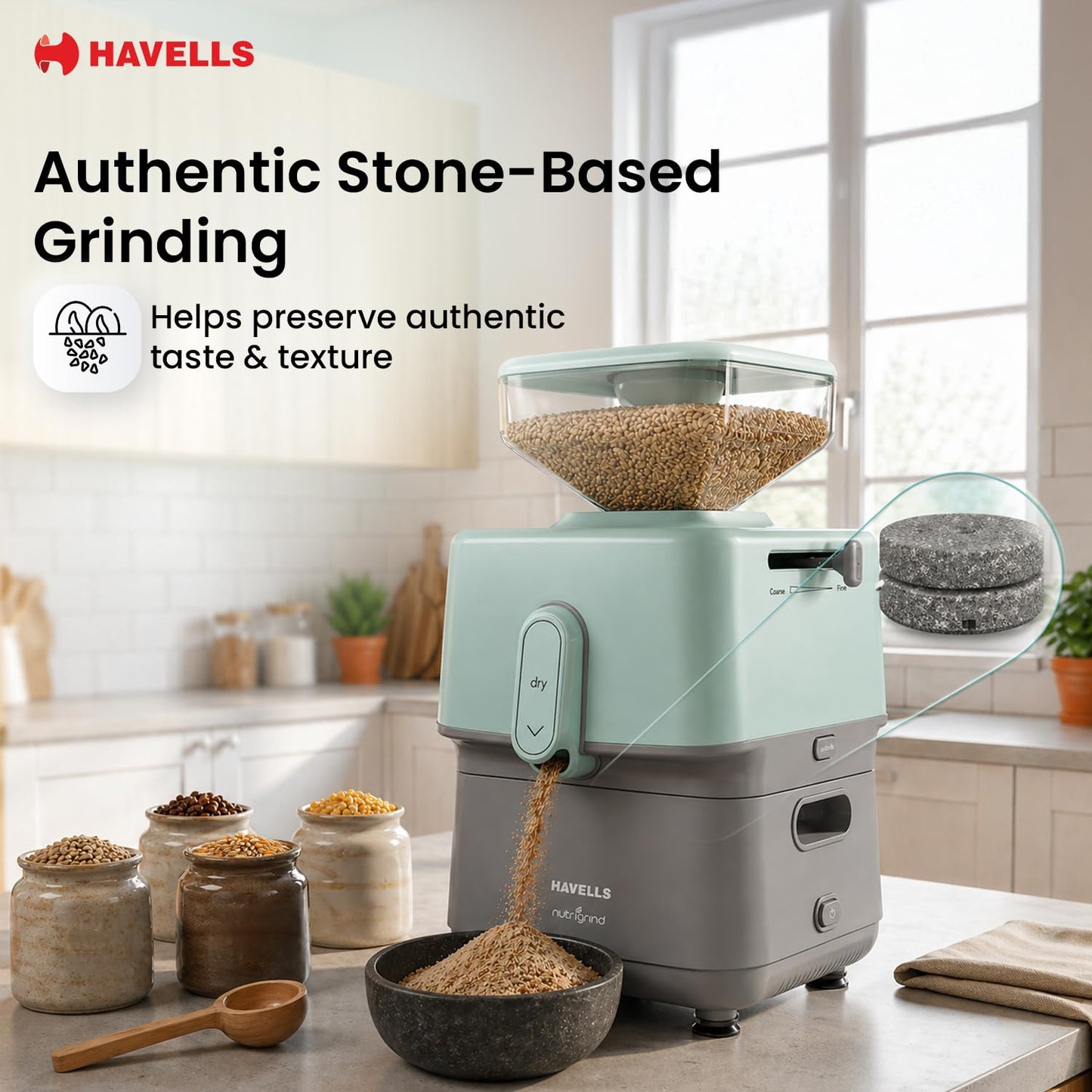 Havells Nutri Grind Atta Mill | 400W | High Torque Induction Motor | Slow Speed Grinding