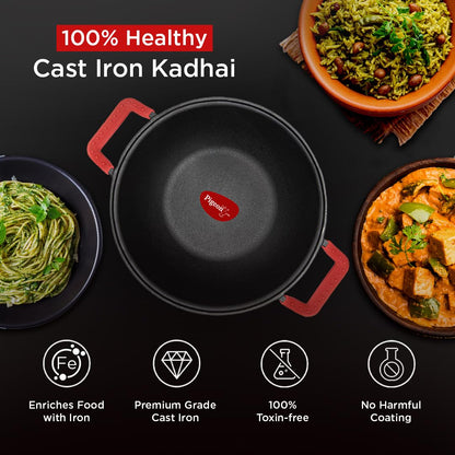 Pigeon Imperi Cast Iron Kadai with Glass Lid | Naturally Nonstick | Pre-Seasoned Kadai | Toxin Free |