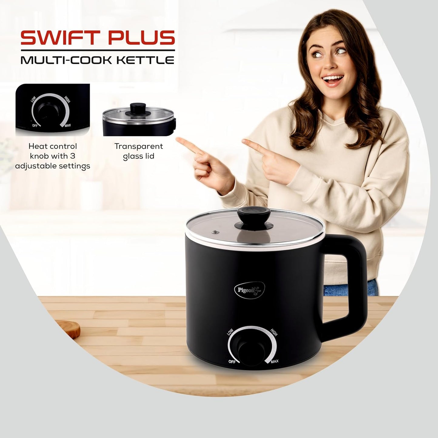 Pigeon Swift Multicook Kettle | 1.5 Litre | Food Grade Stainless Steel Inner Wall | Glass Lid |