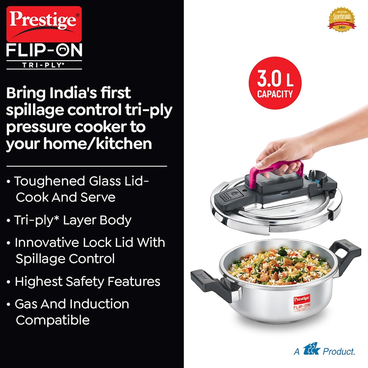 Prestige Flip Triply Pressure Cooker | Glass Lid | Deep Lid | 3 Litre |