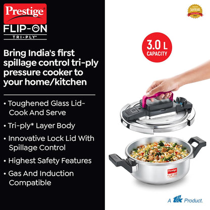 Prestige Flip Triply Pressure Cooker | Glass Lid | Deep Lid | 3 Litre |