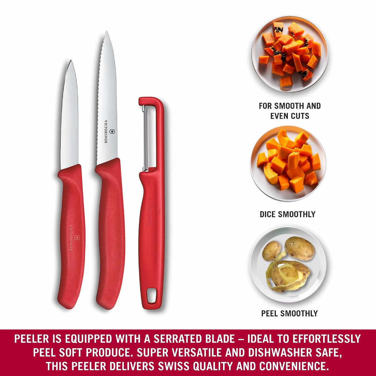 Victorinox Swiss Made Stainless Steel Swiss Classic Paring Knife | 8,10 cm | I-Peeler Set 3 Pcs | Red |