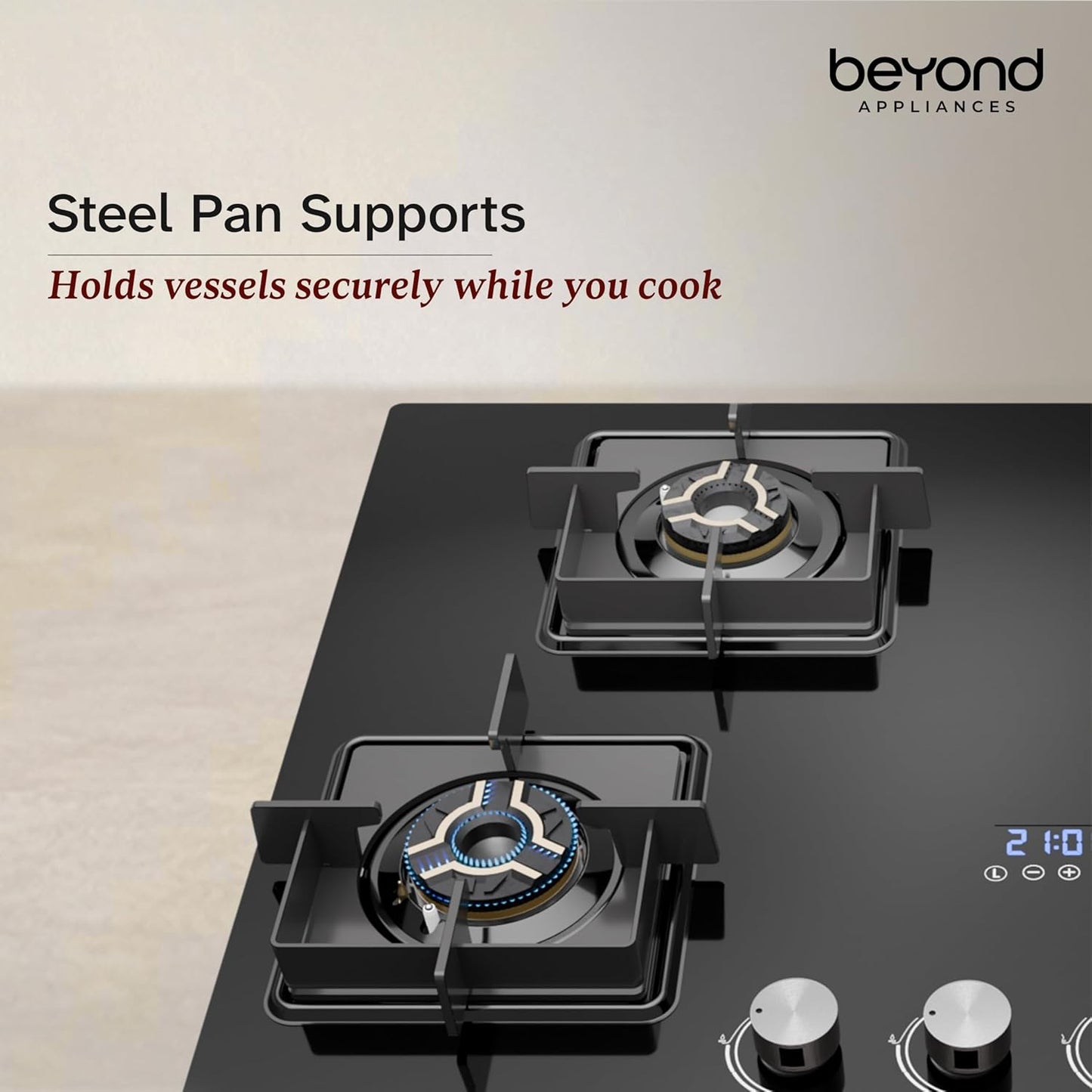 Beyond Appliances Solaria 4 Burner Smart Gas Stove | Auto Ignition| Digital Timer & Flame Failure Device | Full Brass Burners | Toughened Glass | ISI Certified |
