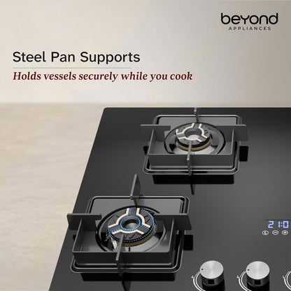 Beyond Appliances Solaria 4 Burner Smart Gas Stove | Auto Ignition| Digital Timer & Flame Failure Device | Full Brass Burners | Toughened Glass | ISI Certified |