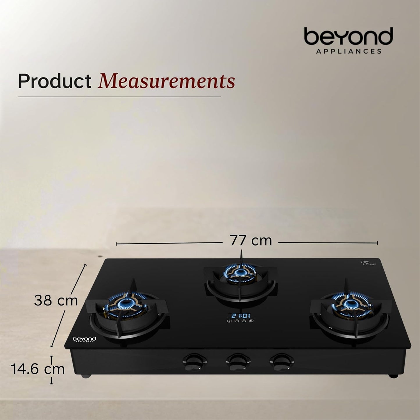 Beyond Appliances Auriga Pro 3-Burner  Auto Ignition | Smart Digital Timer | 5D Full Brass Burners |