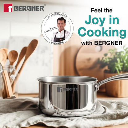 Bergner Argent Junior Chef Triply Stainless Steel Sauce Pan | 800 ml | 12 cm | Easy to Clean |
