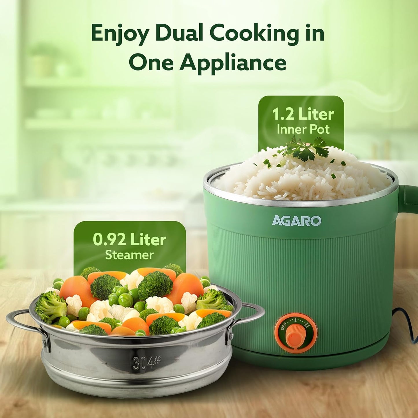 Agaro Regency Multi Cook Kettle With Steamer | 1.2 L | Sea Green | 600 W |
