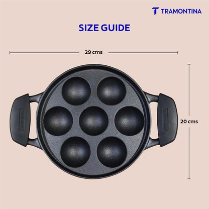 Tramontina Titanex Pre-Seasoned Cast Iron Paniyaram | 7 Pitx | 20 cm | Toughned Glass Lid |