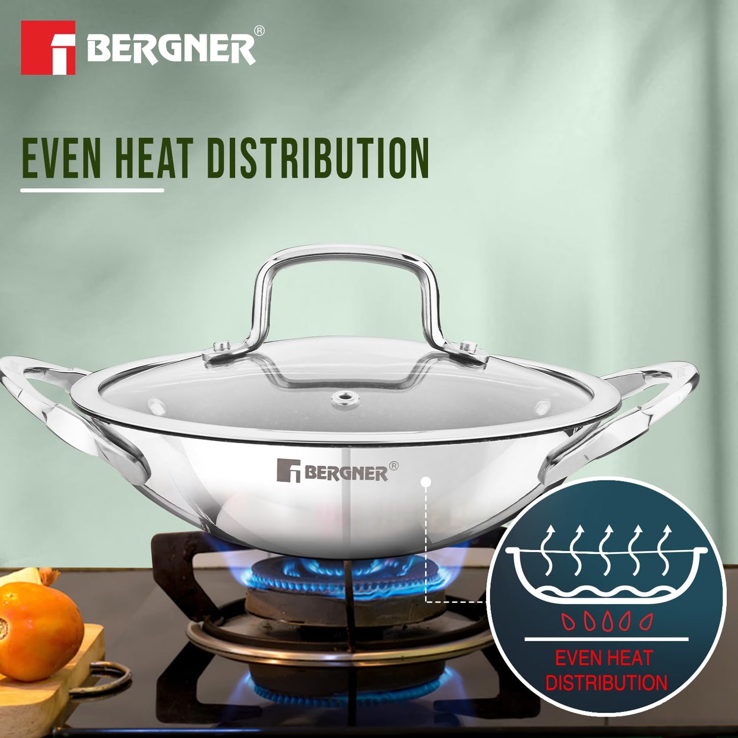 Bergner Argent Samsara Triply Non-Stick Appachetty with Glass Lid | 21 cm | Healthy Cooking |