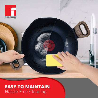 Bergner Ultimate Non-Stick Kadai with Glass Lid | 28 cm | Induction Base | Grey |