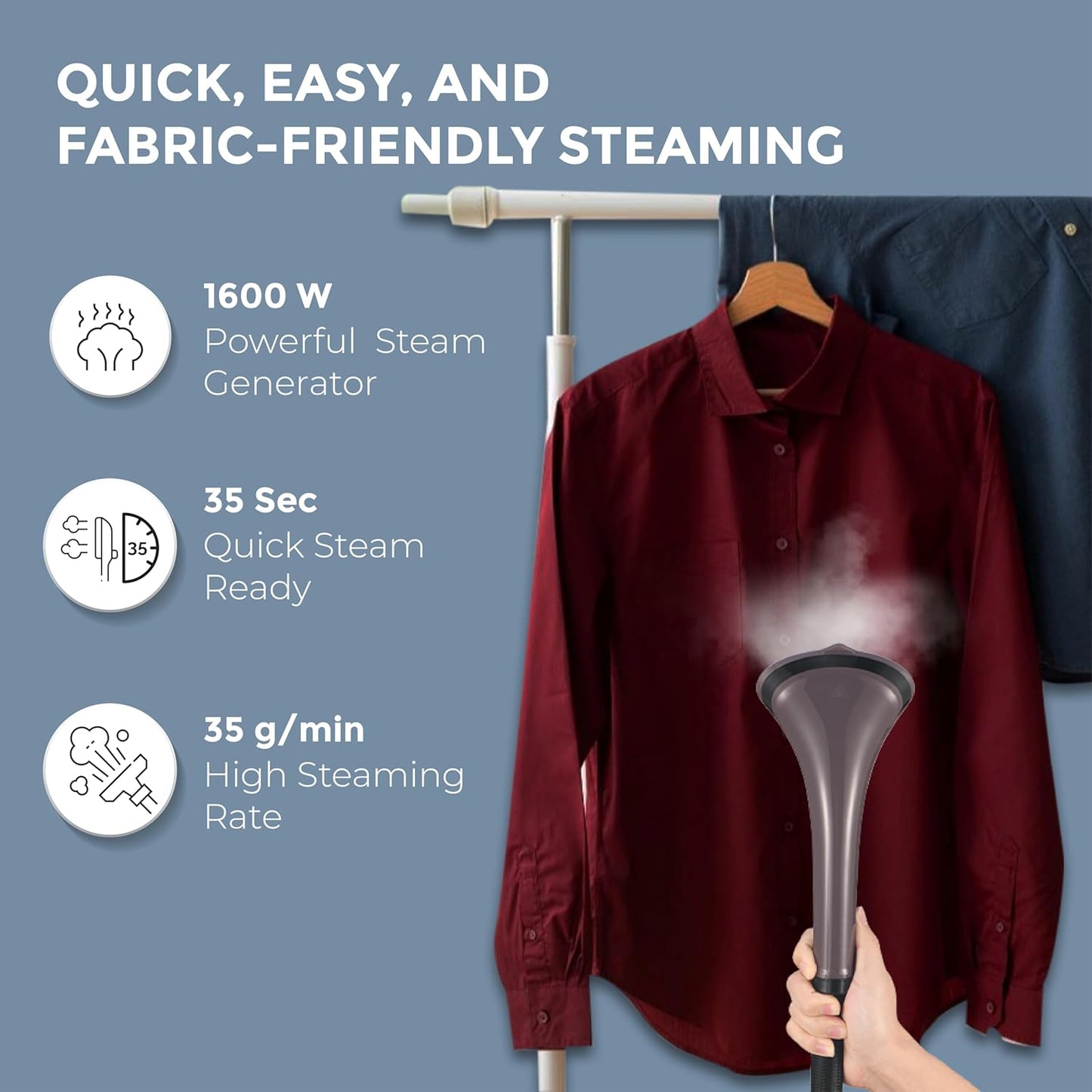 HAVELLS Fyber Garment Steamer | 1600 Watt | 3 Steam Control | Quick Steam Ready | 1.3L Detachable Tank