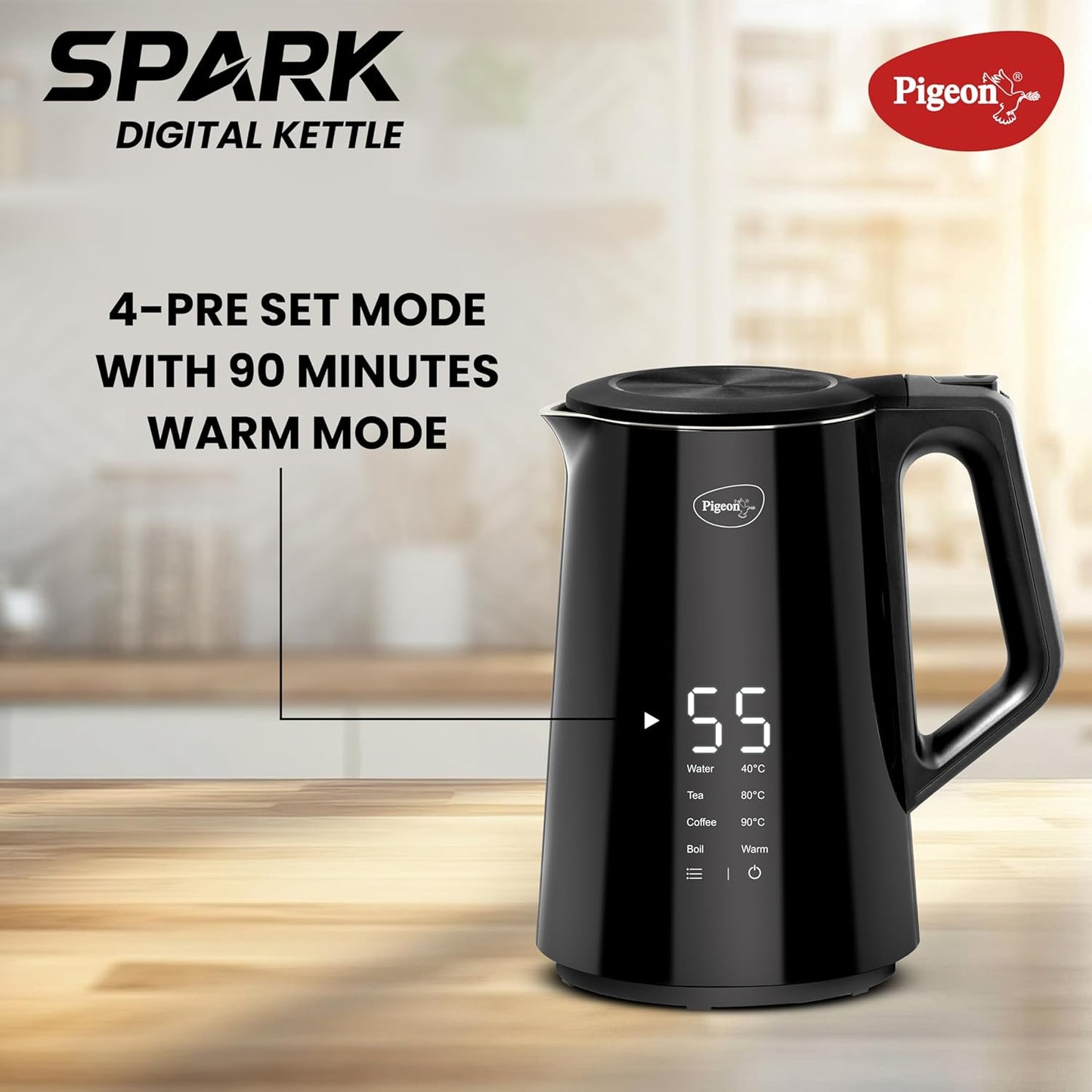 Pigeon Spark Digital Stainless Steel Double Walled Kettle | 1.5 Litre | 360 Degree Cordless | Black |