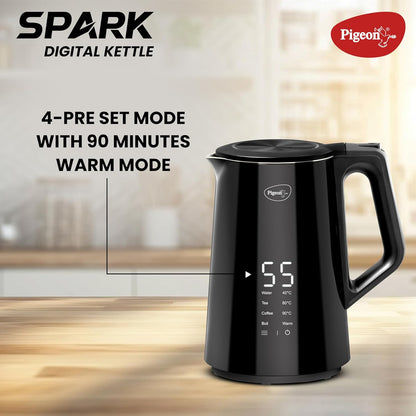Pigeon Spark Digital Stainless Steel Double Walled Kettle | 1.5 Litre | 360 Degree Cordless | Black |