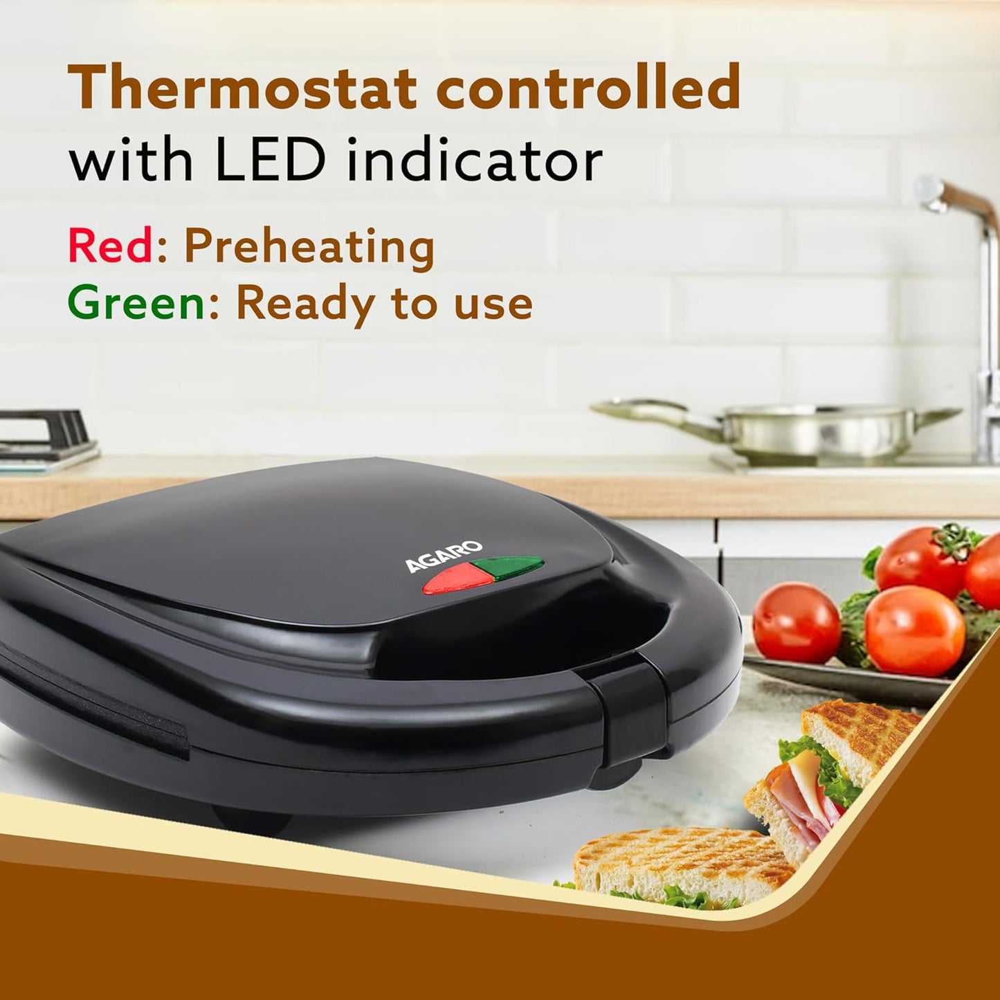 Agaro Non-Stick  Delite Sandwich Maker | 750W | Black | Oil Free |