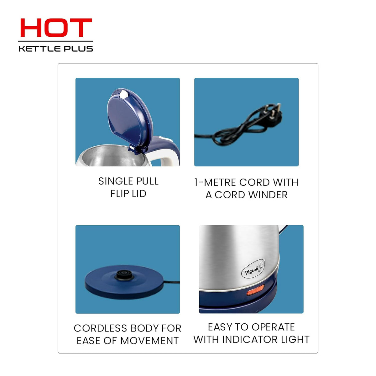 Pigeon Kessel Mutipurpose Stainless Steel Kettle | 1.5 Litre | Blue | 600 Watts | Heat Resistant |