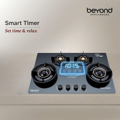 Beyond Appliances Zyra 4 Burner Smart Glass Hobtop Gas Stove | Full Brass Burner I Auto Ignition | Digital Timer | Flame Failure Device |