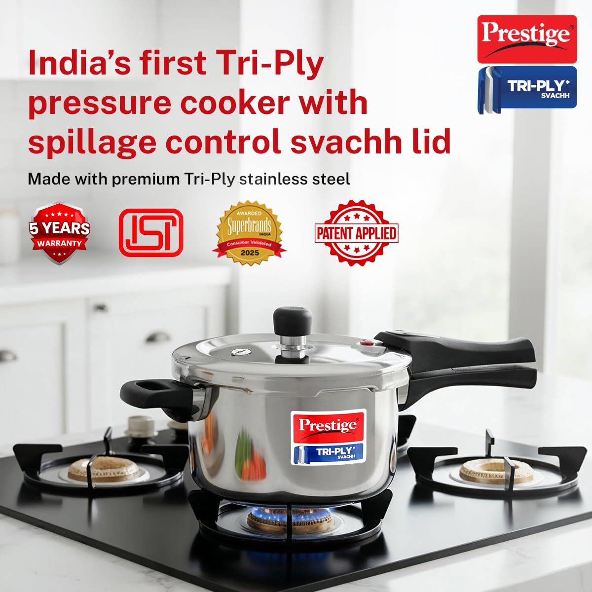 Prestige Triply Svach Pressure Cooker | 3 Litre | ISI Certified | 5 Years Warranty |