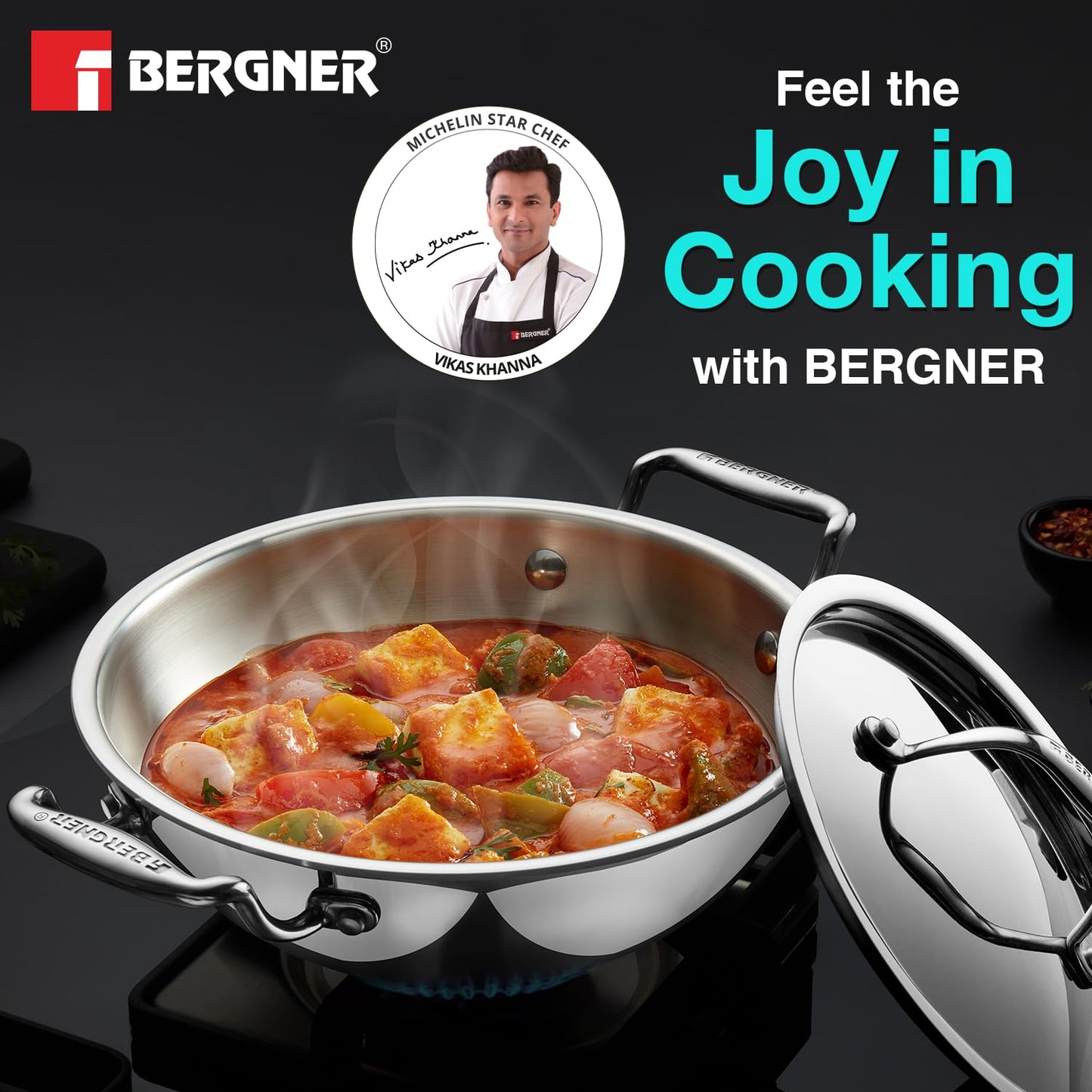Bergner Argent Triply Deep Kadai with Stainless Steel Lid | Even Heat Distribution |