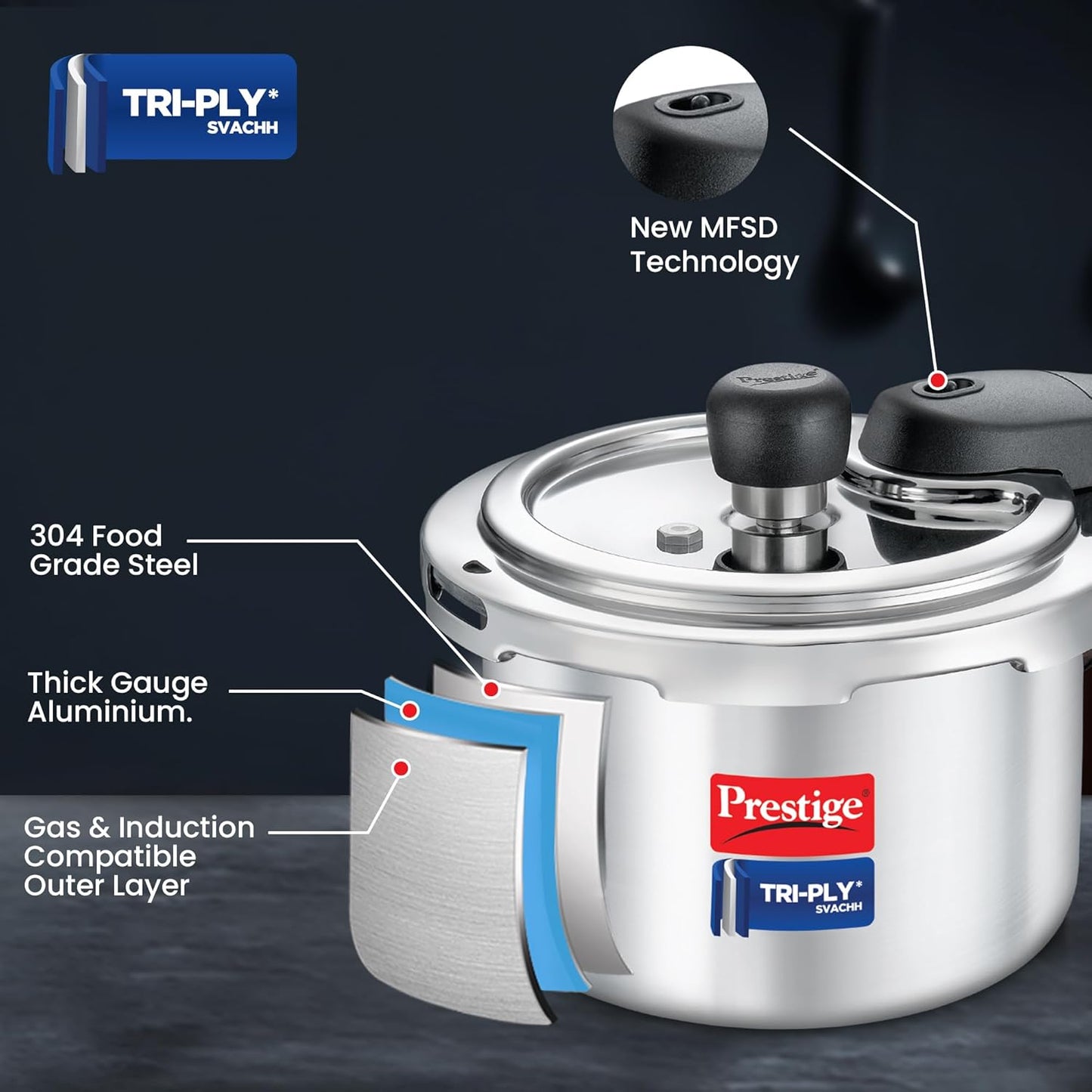 Prestige Triply Svach Pressure Cooker | 1.5 Litre | ISI Certified | 5 Years Warranty |