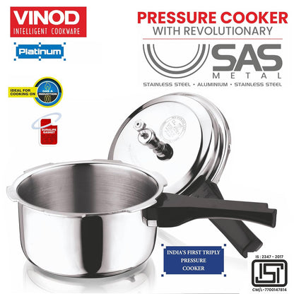 Vinod Platinum Triply Stainless Steel Pressure Cooker | 5 Litre |  Outer Lid | Medium Sized Families |