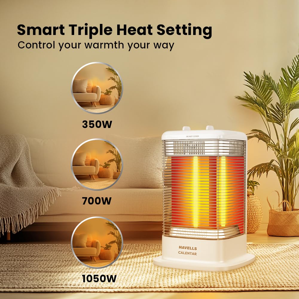 Havells Calenter | 1050 Watt | Room Heater | 3 Carbon Heating Tube | 3 Heat Setting