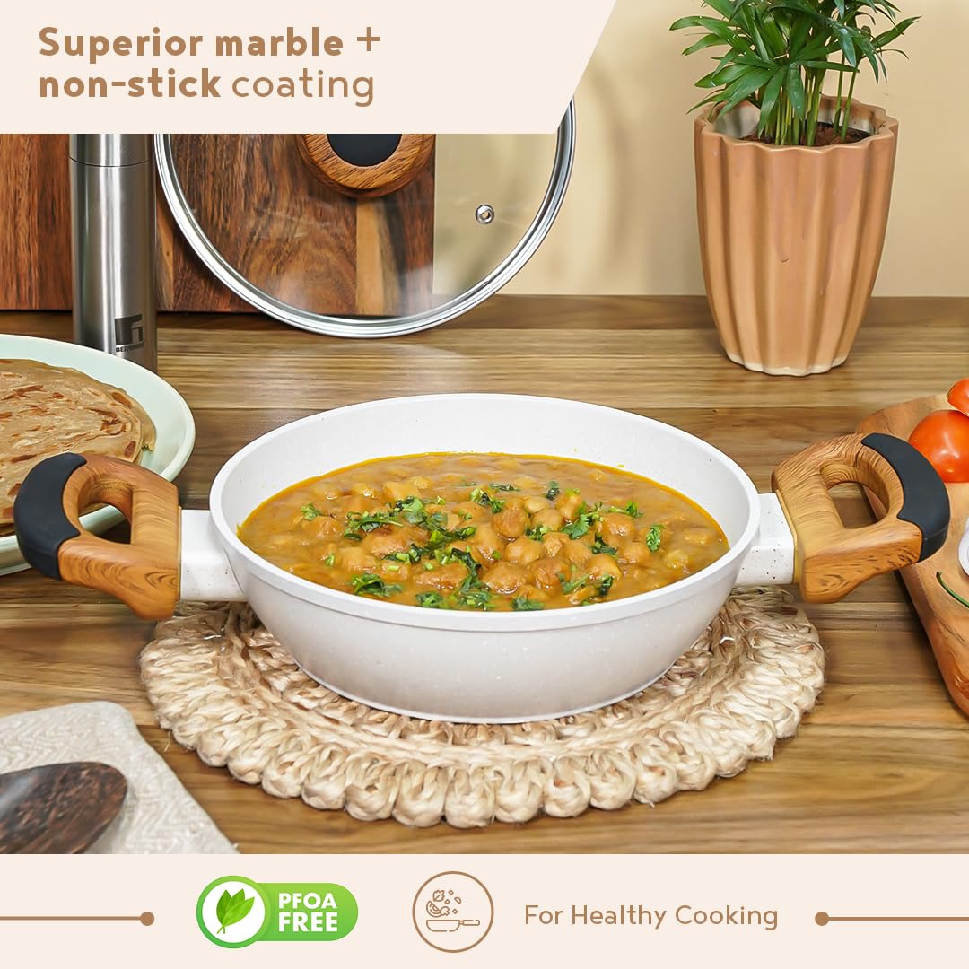 Bergner Naturally Forged Aluminum Kadai with Glass Lid | 28 cm | 3.3 Liters | Non-Stick |