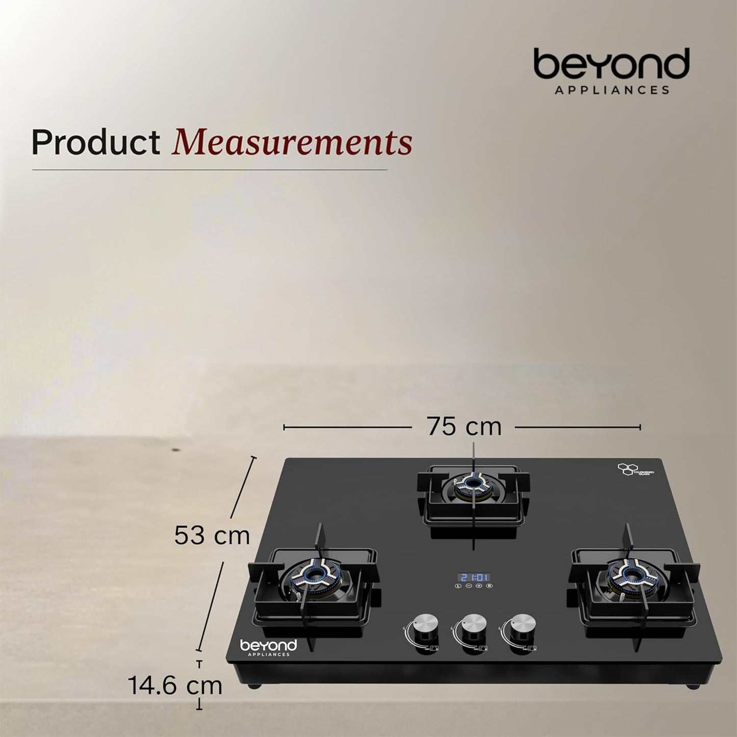 Beyond Appliances Solaria 3 Burner Smart Gas Stove | Auto Ignition| Digital Timer & Flame Failure Device | Full Brass Burners | Toughened Glass | ISI Certified |