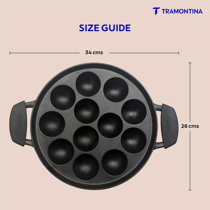Tramontina Titanex Pre-Seasoned Cast Iron Paniyaram | 12 Pitx | 26 cm | Toughned Glass Lid |