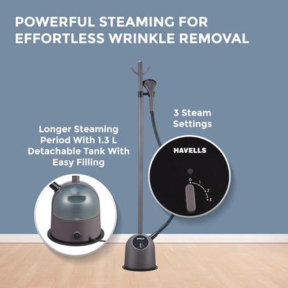 HAVELLS Fyber Garment Steamer | 1600 Watt | 3 Steam Control | Quick Steam Ready | 1.3L Detachable Tank