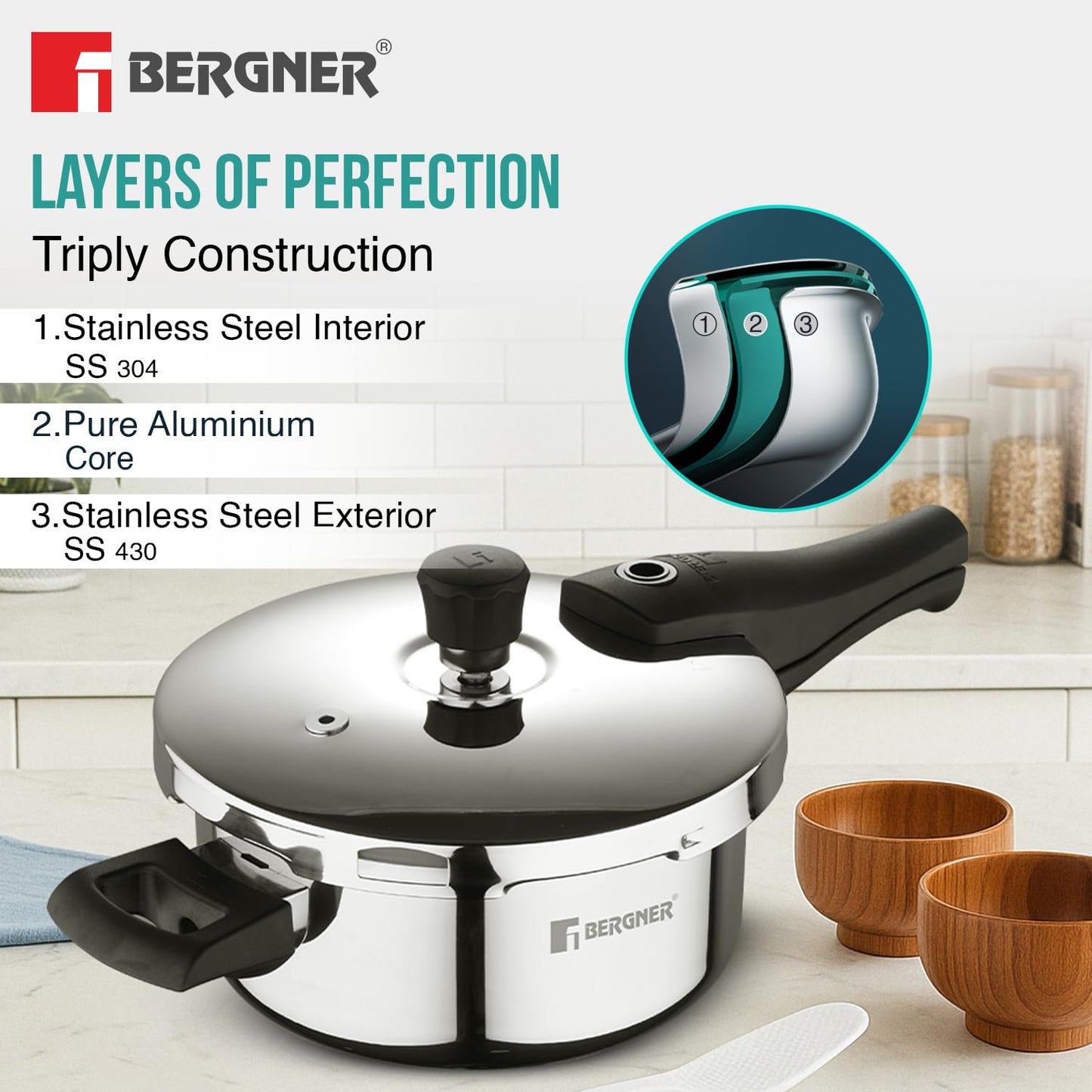 Bergner Argent Triply Stainless Steel Pressure Cooker | 2.5 Litres | Sturdy Handle |